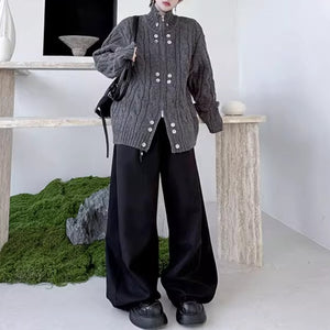 Button Stand Collar Loose Sweater