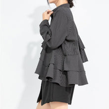 Load image into Gallery viewer, Women's Asymmetrical Double Layer Ruffle Hem Striped Shirt
