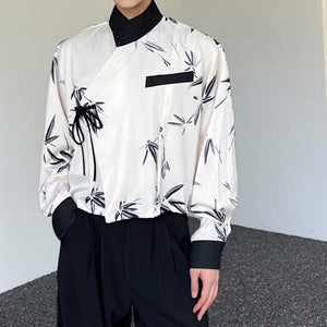 Cross-neck Lace-up Bamboo Print Long-sleeved Shirt
