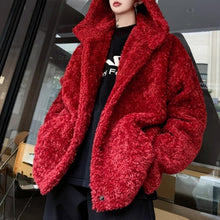 Load image into Gallery viewer, Christmas Red Hooded Lambswool Eco-friendly Faux Fur Coat
