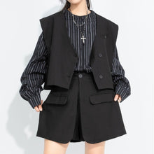 Load image into Gallery viewer, Women's Cropped V Neck Suit Vest Striped Lantern Sleeve Shirt Layered Two-piece Set
