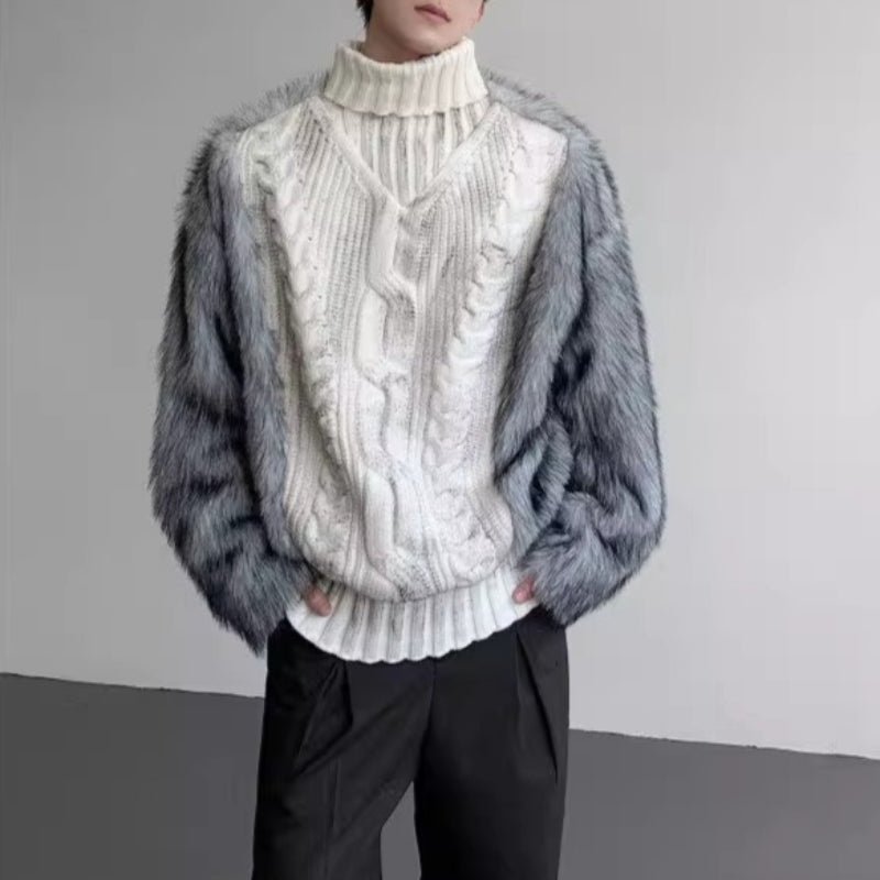 Fur Patchwork Twisted Turtleneck Sweater