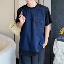 Load image into Gallery viewer, Vintage Denim Patchwork Short-sleeved T-shirt
