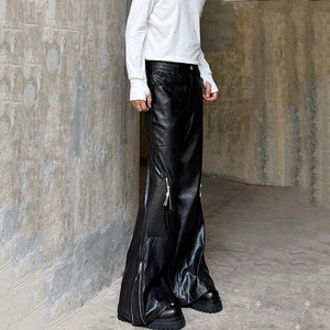 Zippered Shiny Striped Flared PU Leather Trousers