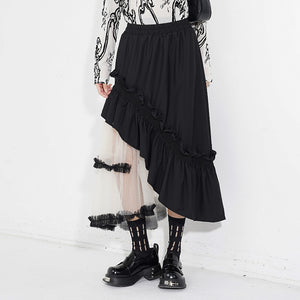 Contrast Color Panel Ruffled Mesh Skirt