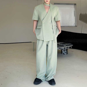 Collarless Ribbon Shoulder Pad Short Sleeve Suit Wide Leg Pants Two Piece Suit