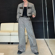 Load image into Gallery viewer, Contrast Color Patchwork Leather Short Suit Jacket Casual Wide Leg Pants Two-piece Suit
