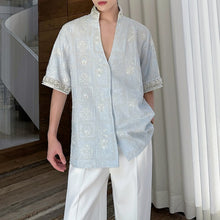 Load image into Gallery viewer, Stand Collar Embroidered Rhinestone V-neck Shirt
