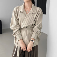 Load image into Gallery viewer, Striped Stand Collar Tie-Waist Long Sleeve Shirt
