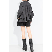 Load image into Gallery viewer, Women's Asymmetrical Double Layer Ruffle Hem Striped Shirt
