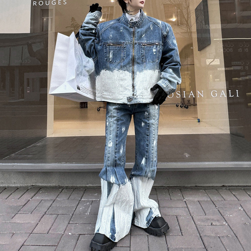Zippered Casual Denim Jacket Loose Two-piece Set