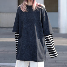 Load image into Gallery viewer, Washed Distressed Striped Patchwork Fake Two-piece T-shirt
