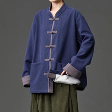 Load image into Gallery viewer, Fleece Lined Contrast Collar Frog Button Hanfu Cardigan

