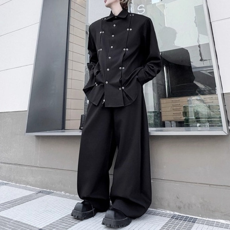 Iron Ring Shoulder Pad Pleated Shirt Wide-leg Pants Two-piece Suit