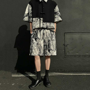 Summer Loose Ice Silk Shirt Ink Tie-dyed Short-sleeved Shorts Two-piece Suit
