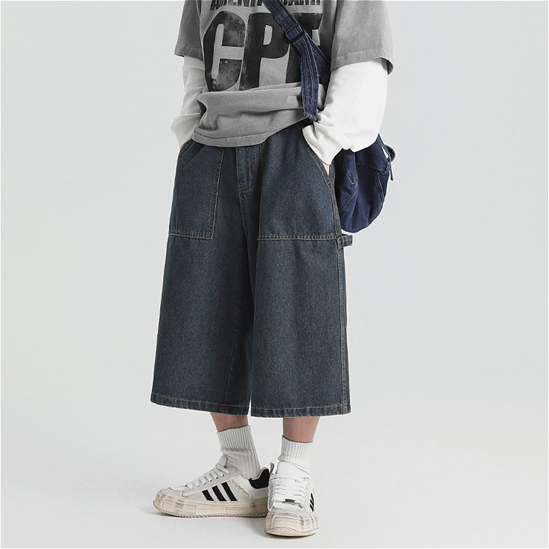 American Denim Cropped Loose Wide-leg Shorts