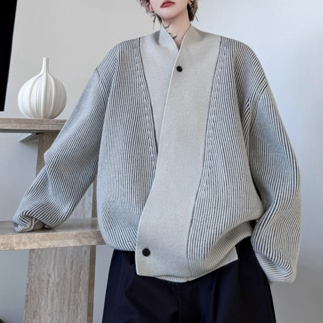 Retro Striped V-neck Diagonal Button Knit Cardigan