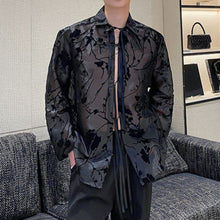 Load image into Gallery viewer, Ribbon Tie Jacquard See-through Shirt
