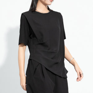 Draped Hem Pleated Patchwork T-shirt