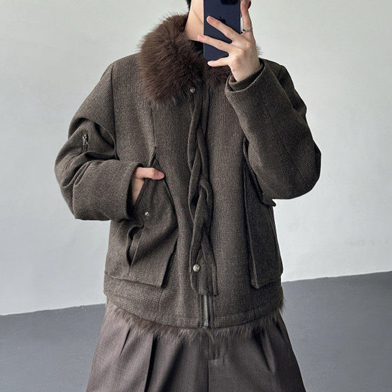 Cable Knit Shearling Fur Collar Jacket