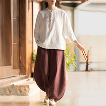 Load image into Gallery viewer, Linen Stand Collar Colorblock Buttoned Pullover Shirt

