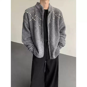 Hand-sewn Pearl Embellished Zip-up Cardigan