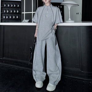 American Style Stand-up Collar Contrast Color T-shirt Zipper Wide-leg Trousers Two-piece Suit