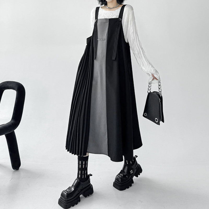 Pleated Paneled Suspender Dresss