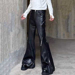 Zippered Shiny Striped Flared PU Leather Trousers