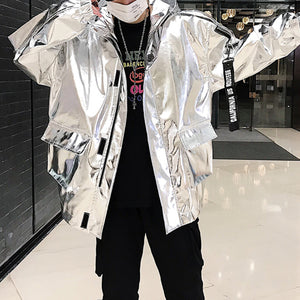 Stage Party Silver Leather  Hooded Jacket