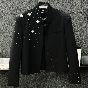 Heavy Beaded Diamond Collarless Blazer