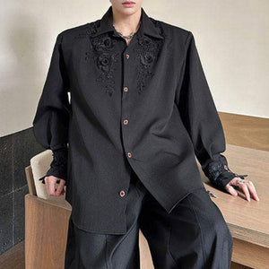 Silky 3D Lace Rose Gem Button Loose Shirt
