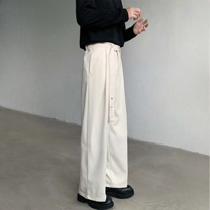 Belted Straight Casual Wool Wide-leg Trousers