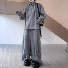 Load image into Gallery viewer, Retro Stand-up Collar Webbing Pullover Sweatshirt Wide-leg Trousers Two-piece Set
