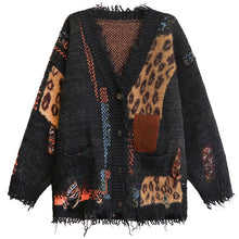 Load image into Gallery viewer, Women's Leopard Print V Neck Loose Raw Hem Cardigan Sweater
