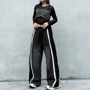 Contrast Color Lace High Waist Wide Leg Jeans