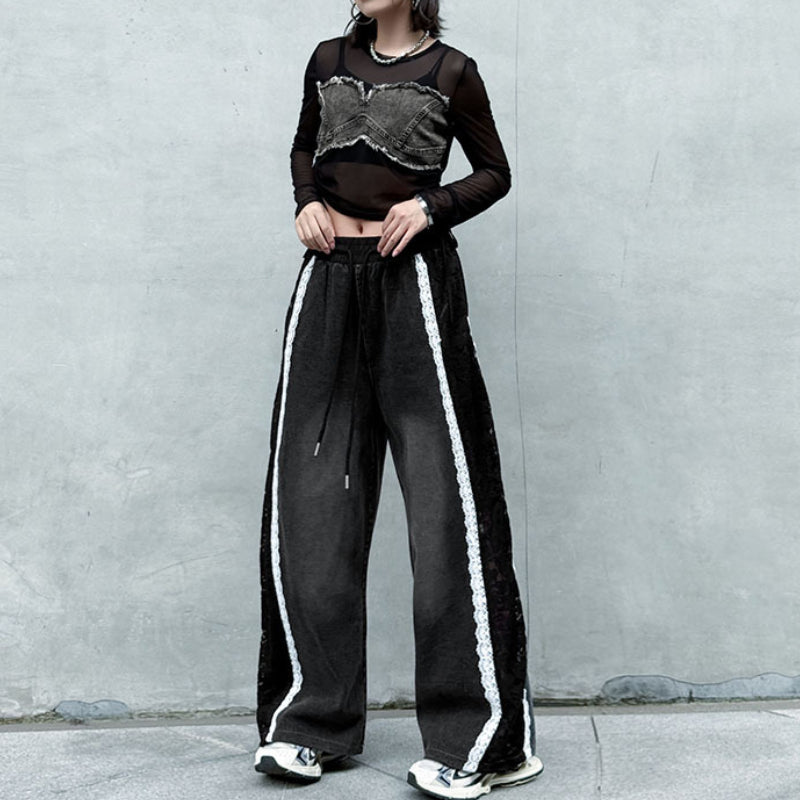 Contrast Color Lace High Waist Wide Leg Jeans