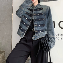 Load image into Gallery viewer, Mandarin Collar Button Detail Denim Jacket
