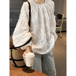 Embroidered Puff Sleeves Lace Up Long Sleeve Shirt