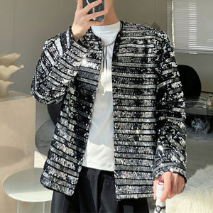 Round Neck Sequined Striped Casual Stage Jacket