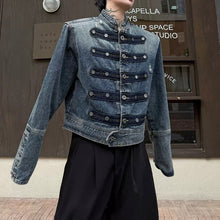 Load image into Gallery viewer, Mandarin Collar Button Detail Denim Jacket
