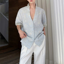 Load image into Gallery viewer, Stand Collar Embroidered Rhinestone V-neck Shirt
