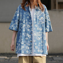 Load image into Gallery viewer, Vintage Floral Print Short Sleeve Denim Shirt
