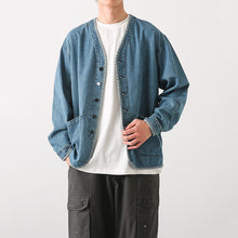 Load image into Gallery viewer, Japanese Retro Washed Denim Collarless Jacket
