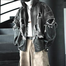 Load image into Gallery viewer, Patchwork Leather Distressed Frayed Edge Denim Hooded Jacket
