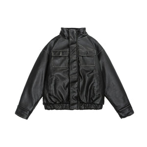 Stand Collar Lamb Wool PU Leather Jacket