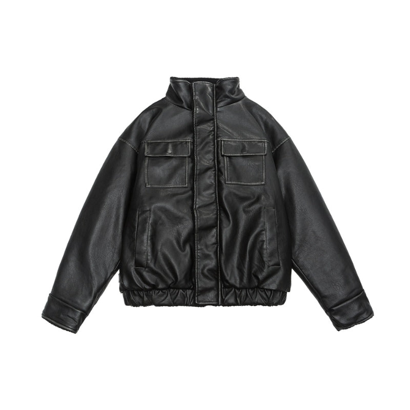 Stand Collar Lamb Wool PU Leather Jacket