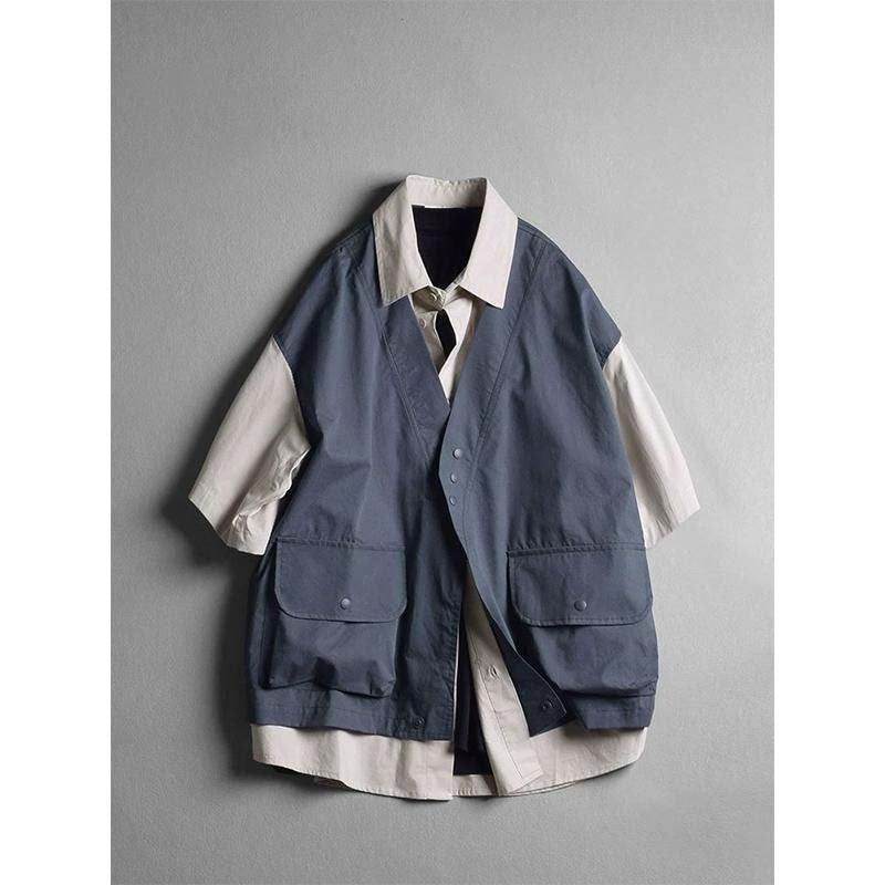 Japanese Style Contrast Color Stitching Fake Two-piece Vest T-shirt