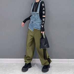 Contrast Color Patchwork Loose Denim Overalls