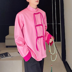 Contrast Buttoned Stand Collar Long Sleeve Retro Shirt